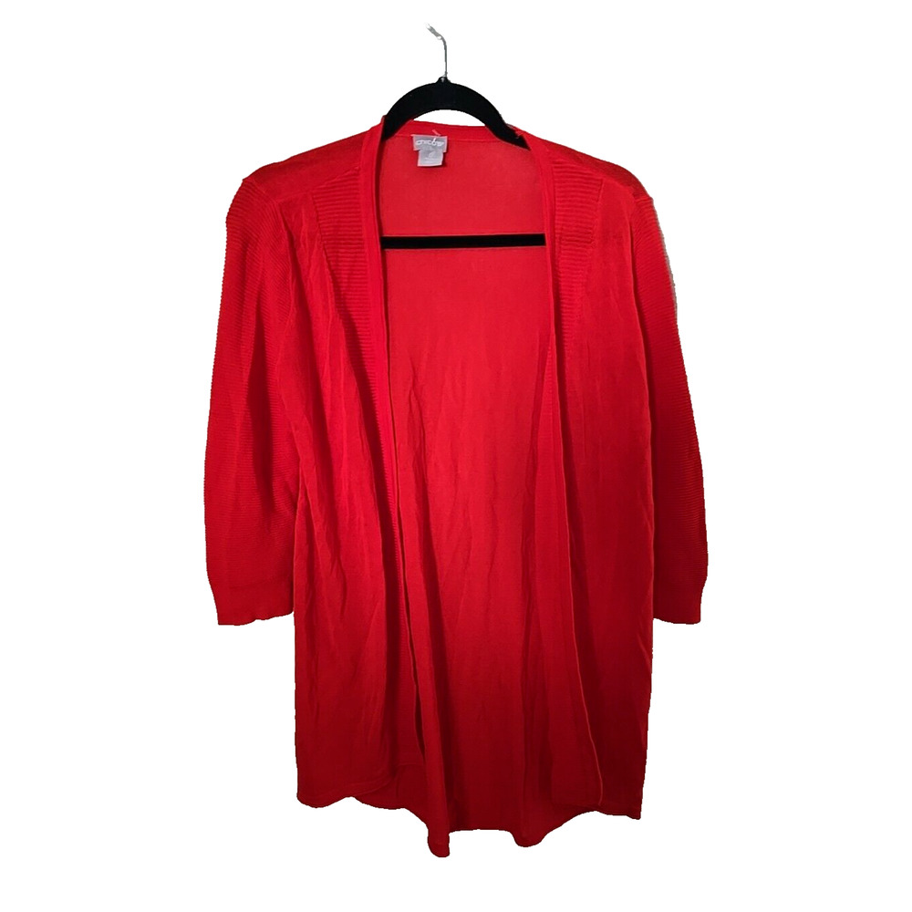 Chico's Red Open Front Knit Slouchy 3/4 Sleeve Cardigan Sweater Womans‎ Size SM